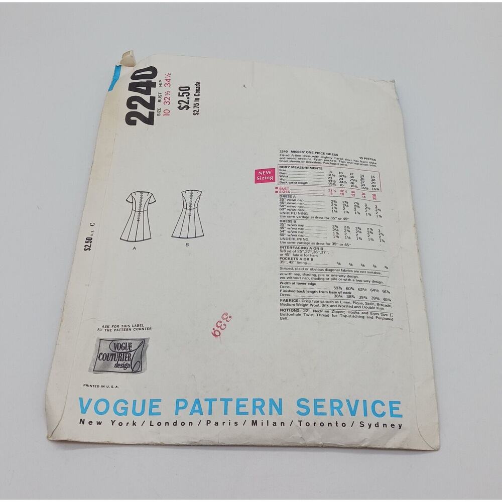 Vogue Couturier Design Simonetta Italy 2240 Size 10 Dress Pattern CUT 1960s 70s - Picture 3 of 4